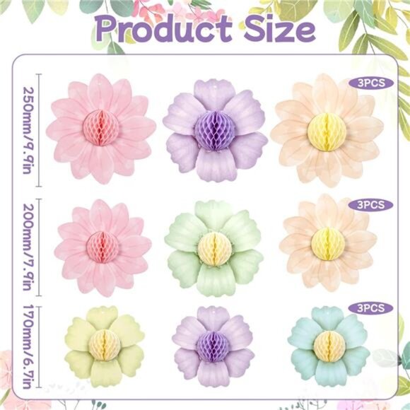 Pastel Rainbow Party Decorations 9 PCS Paper Flowers Honeycomb Birthday Wedding - Picture 3 of 7